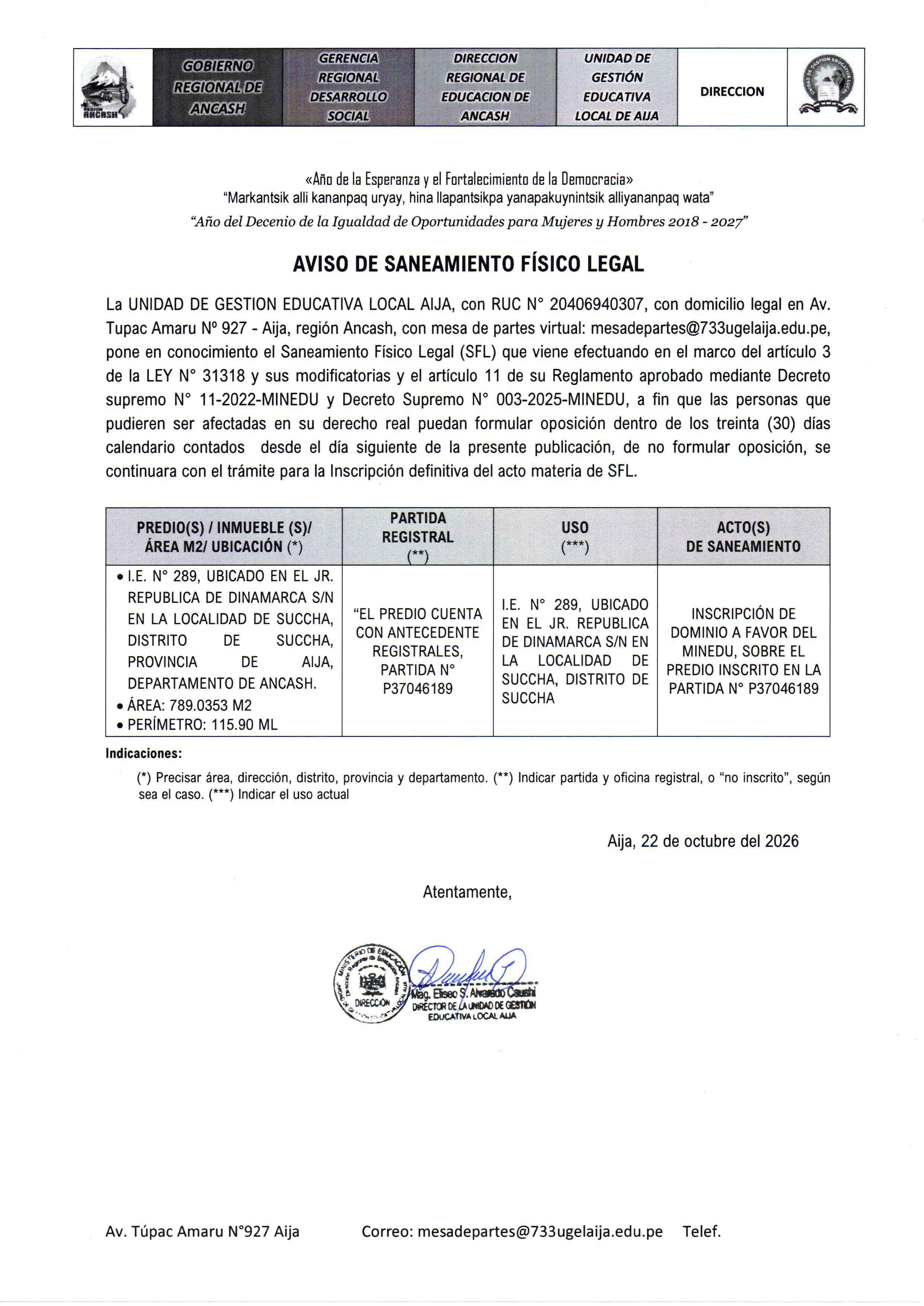 Comunicado Importante UGEL Aija